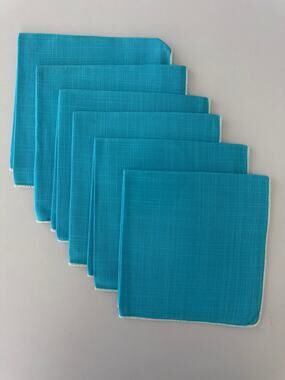 Vintage Mid Century Turquoise Linen Cloth Cocktail Napkins Set 6 Retro MCM Bar